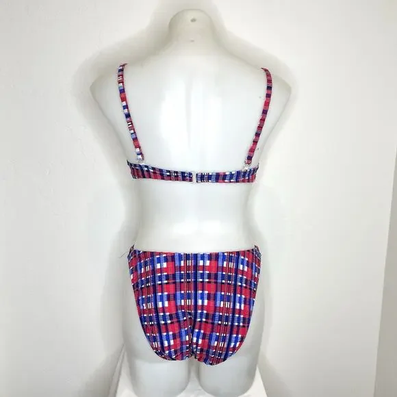 Vintage 90’s Hobie Bikini Swimsuit Set 2 Piece Womens 11/12 Red Blue Plaid USA